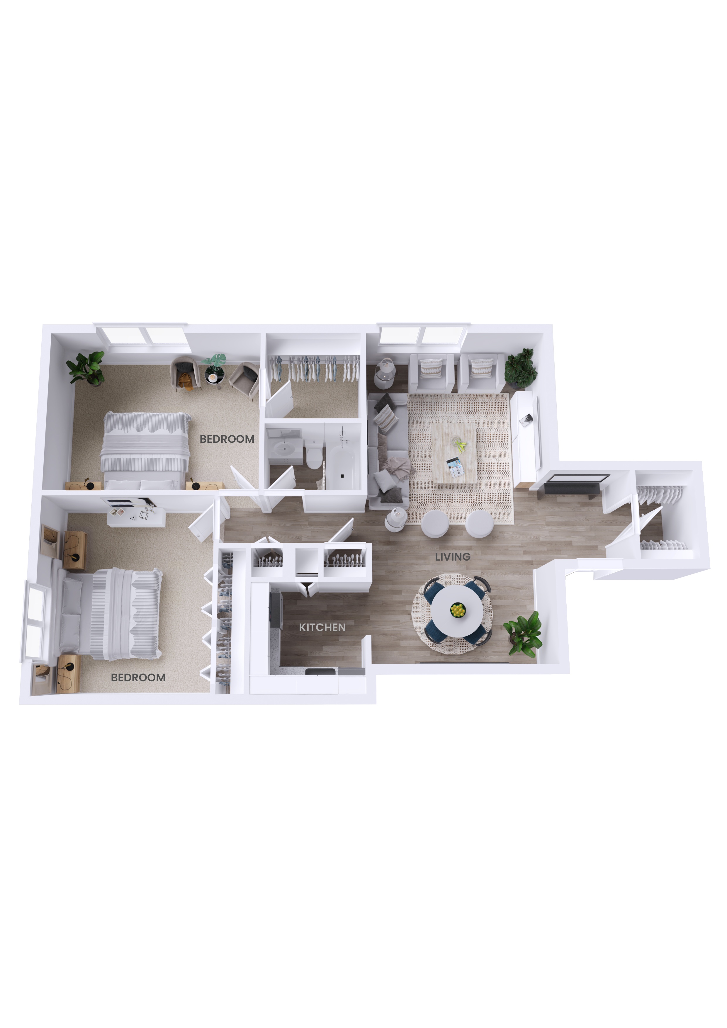 Floor plan for 2 beds, 1 bath, 980 sqft